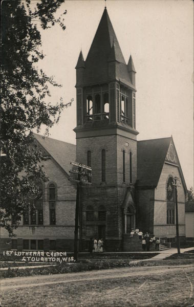 1st Lutheran Church Stoughton, WI Postcard