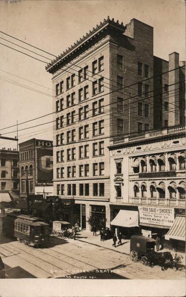 Savoy Hotel, Delivery Wagons, Streetcar, Hotel Berkshire Seattle Washington