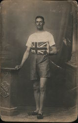 Studio Photo Male Athlete, Union Jack Flag Shirt Postcard