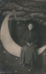 Woman on Paper Moon with American Flag Postcard