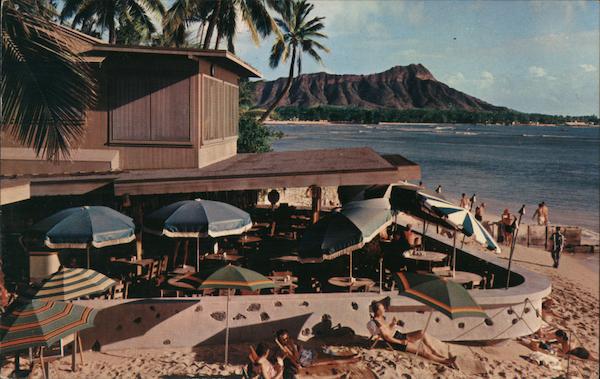 Halekulani Hotel Beach and Coffee Shop, with Diamond Head in background Waikiki Hawaii
