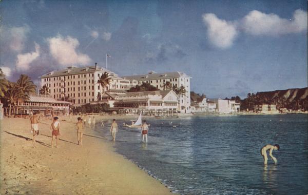 Waikiki Beach Stretches Before Beautiful Moana Hotel on the Island of Oahu Honolulu Hawaii