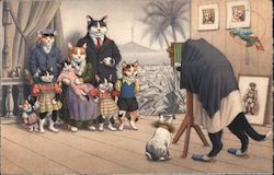 Anthropomorphic Cats Pose for a Family Portrait in a Studio Postcard