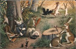 Anthropomorphic Cat Hunter with Rifle Sleeps while Forest Animals Play Around Him Postcard