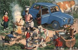 Anthropomorphic Cats Enjoy a Roadside Picnic and Barbeque in the Country Postcard
