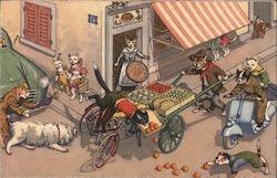 Anthropomorphic Cat Street Scene, Fruit Vendor Cart Knocked Over, Dog Chases Cat Postcard