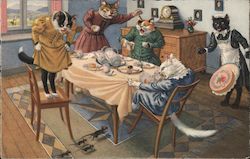 Anthropomorphic Cats have a tea party and scream at scampering mice Postcard Postcard Postcard