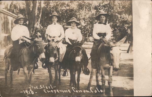 Women on burros Cheyenne Canon Colorado