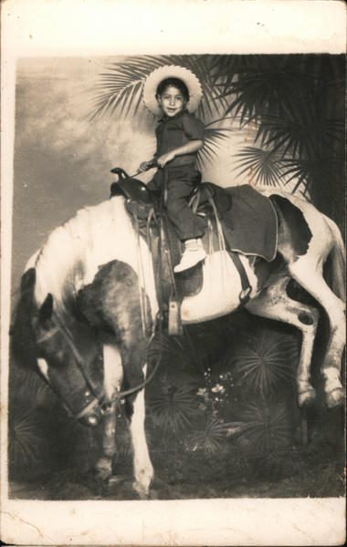 Boy on Bucking Bronco, Studio Photo Cowboy Western