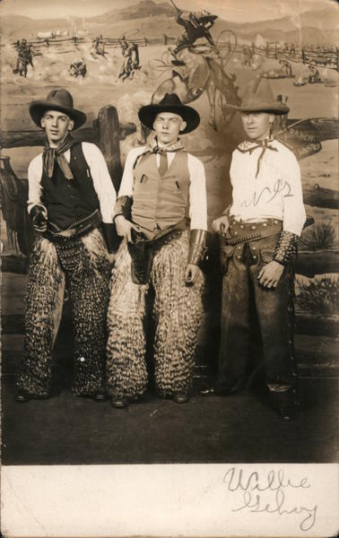 Three men dressed as Cowboys in a ranch scene, Wooly Chaps