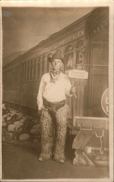 Man Dressed as Cowboy Wooly Chaps Leaving Denver Colorado