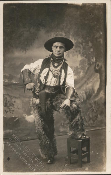 Great Studio Photo: Man Dressed as Cowboy, Wooly Chaps, Pistol in Holster Youngstown Ohio