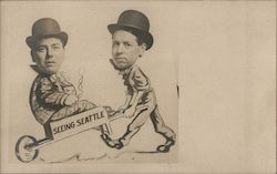 Caricatures of two men sightseeing in Seattle in a wheelbarrow, Studio Photo Postcard