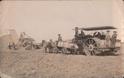 Farmers with Steam Tractor & Horses Harvesting in Field Postcard