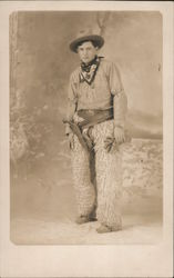 Young Man Dressed as Cowboy Wooly Chaps Pistol Holster Postcard