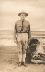 Soldier Posing Alone by the Sea (Studio Photo) Galveston, TX Army L. Tobler Postcard Postcard Postcard