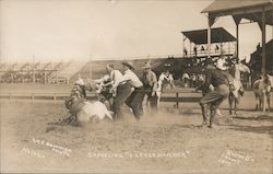 "Saddling Sledgehammer", Men Wrestle to get Saddle on Wild Horse, RoundUp Tryout, 1912 Postcard