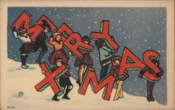 Merry Xmas, Children Carry the Words Merry Xmas down a Snowy Hill Postcard