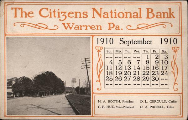 Citizens National Bank September 1920 Calendar Warren Pennsylvania