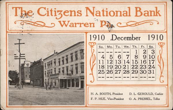 The Citizens National Bank December 1910 Calendar Warren Pennsylvania