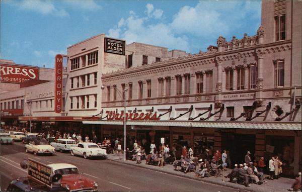 The Tourists Enjoy the Famous Green Benches - Walgreens, Hotel Alden, McCrory's, Rutland Building St. Petersburg