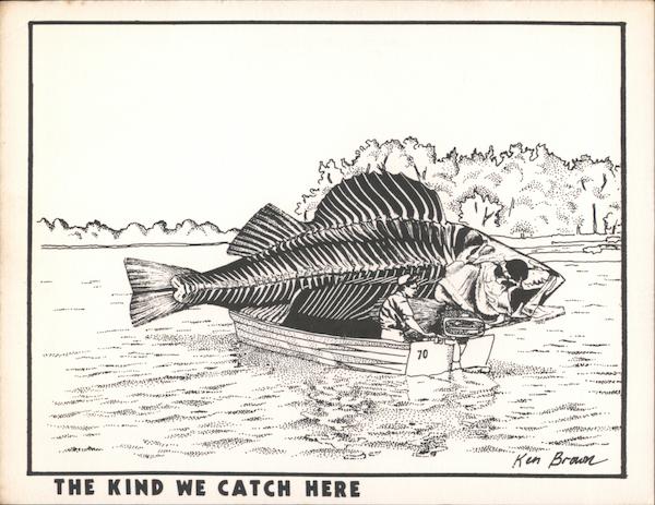 The Kind We Catch Here - A giant skeletal fish is in a boat with a fisherman