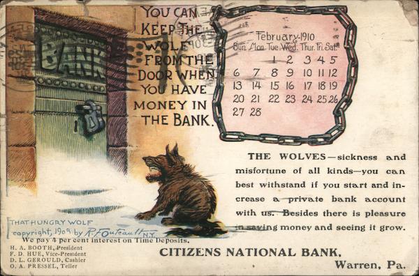 Citizens National Bank February 1910 Calendar Warren Pennsylvania