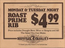 Beefsteak Charlie's, Monday & Tuesday Night Roast Prime Rib Ephemera