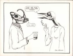 Sure are some weird ones here tonight - woman with a bird skull talks to a man with a wild boar head Cartoons Ken Brown Postcard Postcard