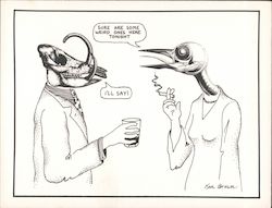 Sure are some weird ones here tonight - woman with a bird skull talks to a man with a wild boar head Postcard