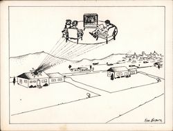 Comic of people being shot out of the ceiling of their house while watching TV Postcard