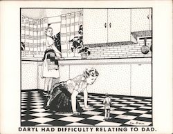 Daryl had difficulty relating to dad. Humorous artwork with woman speaking to small man. Postcard