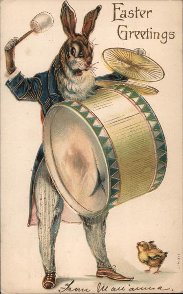 German Easter Greetings Bunny Playing Drum With Bunnies