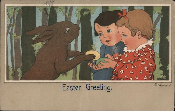 Easter Greeting - rabbit gives Easter eggs to a boy and a girl
