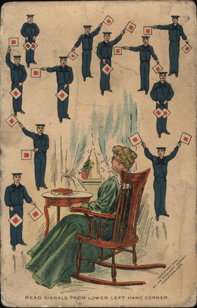 Woman in chair, with men holding maritime flags surrounding her