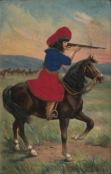 Red-Hatted Girl Shooting on Horseback Cowboy Western