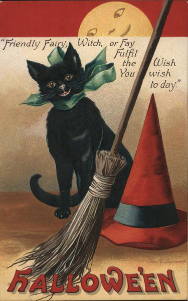 Halloween - Black Cat, Witch Broom and Hat
