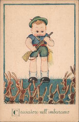 Boy with gun hunting rabbits - Cacciatore nell'imbararro Postcard