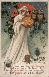 Hallowe'en When You Hear The Owls Hooting, Get Your Jack O'Lantern Out, Put On Your Shroud and Hurry Postcard