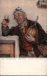 Happy Days! Man looks at shot glass full of liquor as he cradles a bottle. Artwork Postcard