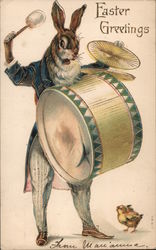 German Easter Greetings Bunny Playing Drum Postcard