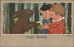 Easter Greeting - rabbit gives Easter eggs to a boy and a girl Postcard