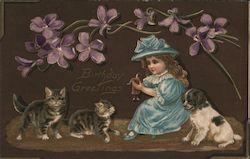 Birthday Greetings, Girl with Puppy and Cats Postcard