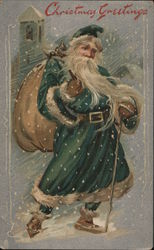 Christmas Greetings - Santa in Green Suit Postcard