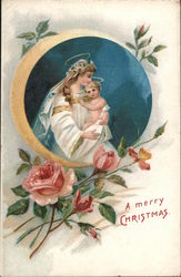 A Merry Christmas Message with Angel Mother Holding Child Postcard