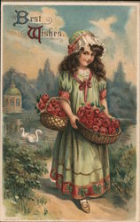 Best Wishes Card - Young girl holding basket of flowers with nature in background Girls Ellen Clapsaddle Postcard Postcard Postcard