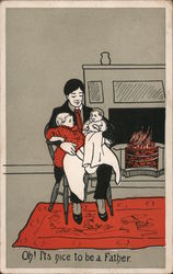 Man Sitting by Fireplace with Two Children on his Lap - Statement at the bottom "Oh!,It's Nice to be a Father" Postcard