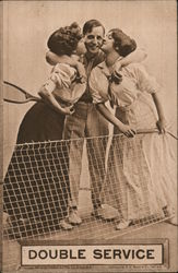 Double Service - A male tennis player has his arms around to women who are kissing his cheeks Postcard