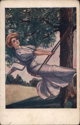 Woman in a Fancy Dress Swinging on Tree Swing Postcard