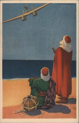 Air Mediterranean  Two men with head scarfs on watch an airplane flying over the ocean Postcard